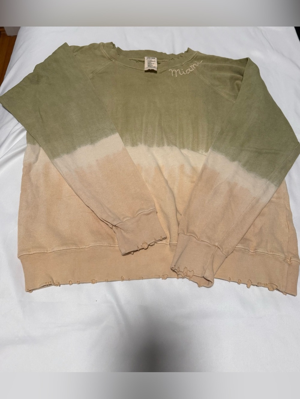 Washed Olive & Tan Dip-Dye Women's Sweatshirt W/ Miami Embroidered on Neck XS/S